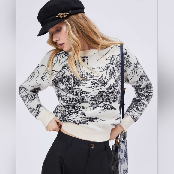 Cider Women’s Landscape Print Sweater Medium Cream Black Round Neck Regular Fit - Picture 9 of 10